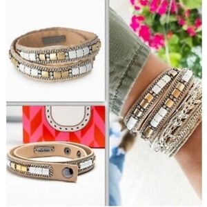 Stella & Dot Cady Leather Double Wrap Bracelet Rhinestone Chain Link